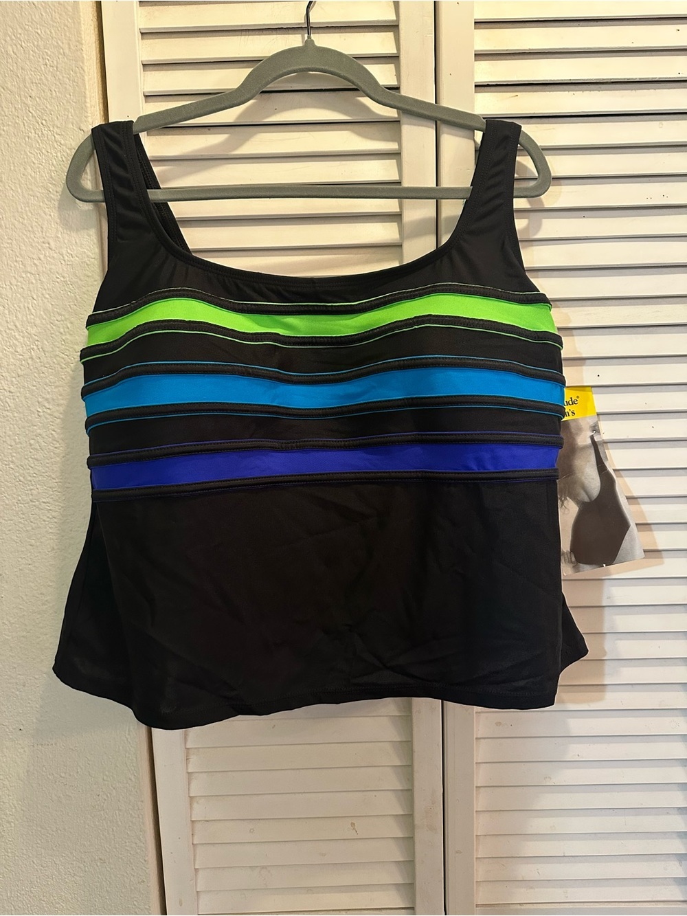 Longitude Black One-Piece Swim Top with Lime, Teal, and Royal Blue Stripes